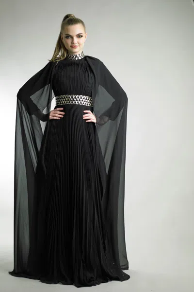 Basix Black Label Crystal Studded Cape Pleated Gown In Black
