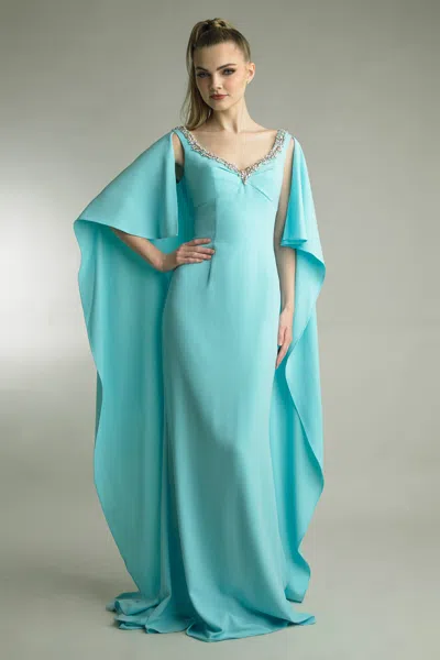 Basix Black Label Crystal-trimmed Cape Sleeve Gown In Blue
