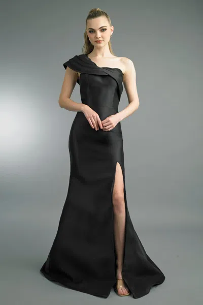Basix Black Label Draped One-shoulder Evening Gown In Black