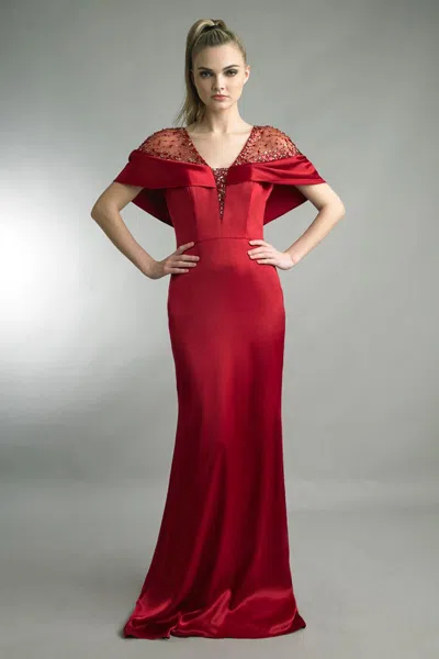 Basix Black Label Embellished Shoulder Cape Sleeve Gown In Red