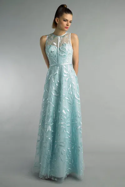 Basix Black Label Embrodered Sleeveless Evening Gown In Blue