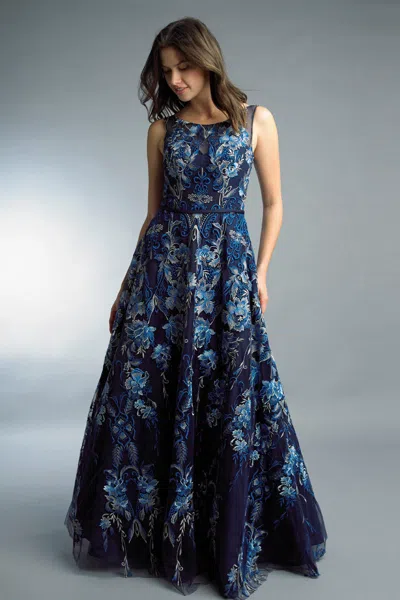 Basix Black Label Embroidered Ballgown In Blue