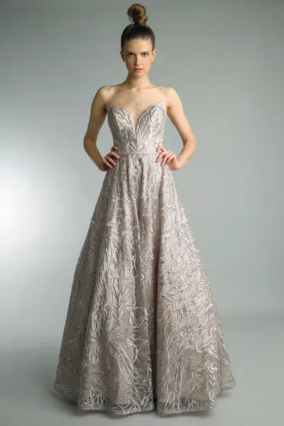 Basix Black Label Embroidered Evening Gown In Gray