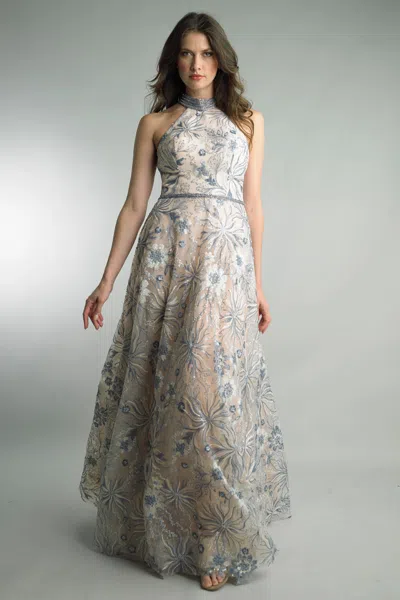 Basix Black Label Embroidered Floral Halter Gown In Multi