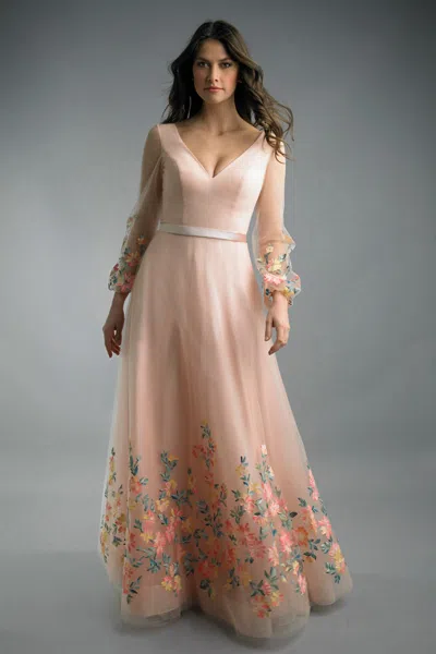 Basix Black Label Embroidered Floral Hem Tulle Gown In Pink