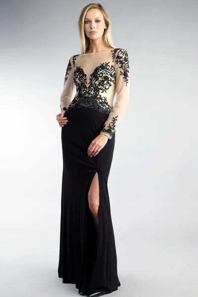 Basix Black Label Embroidered Illusion Long-sleeve Gown In Black