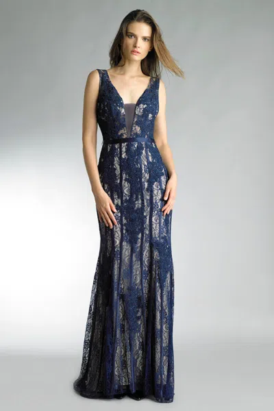 Basix Black Label Embroidered Open Back Evening Dress In Blue