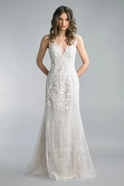 Basix Black Label Embroidered V-neck Gown In White