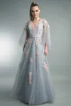 Basix Black Label Floral Accented Gown With Capelet