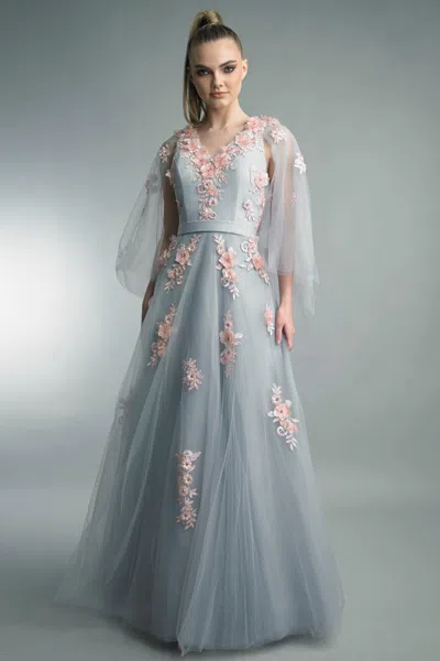 Basix Black Label Floral Accented Gown With Capelet