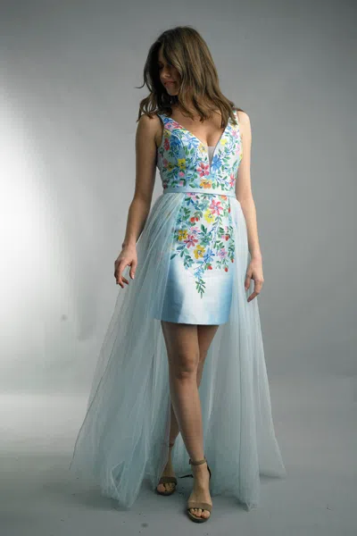 Basix Black Label Floral Dress With Sheer Overwrap In Blue
