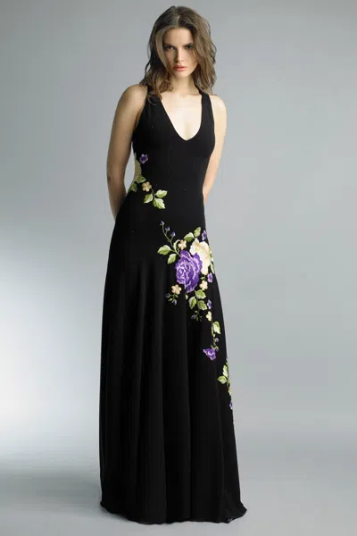 Basix Black Label Floral Embellished Sleeveless Gown In Black