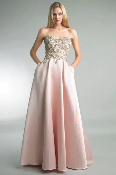 Basix Black Label Floral Embellished Strapless Gown With Pockets In Pink