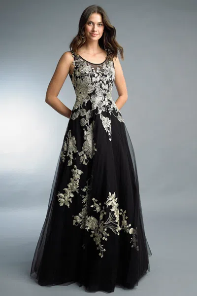 Basix Black Label Floral Embroidered Sleeveless A Line Gown In Black