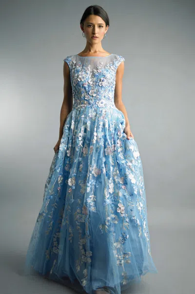 Basix Black Label Floral Embroidered Tulle Ballgown In Blue