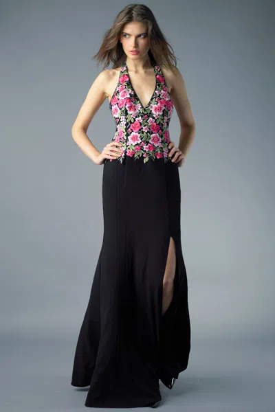 Basix Black Label Floral Halter Top Evening Gown