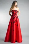 Basix Black Label Floral Motif Embroidered Strapless Evening Gown In Red