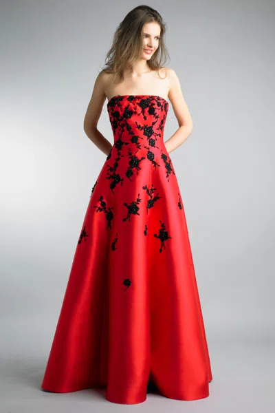 Basix Black Label Floral Motif Embroidered Strapless Evening Gown In Red