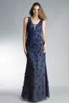 Basix Black Label Floral V Neck Evening Dress In Blue