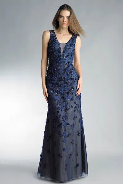 Basix Black Label Floral V Neck Evening Dress In Blue