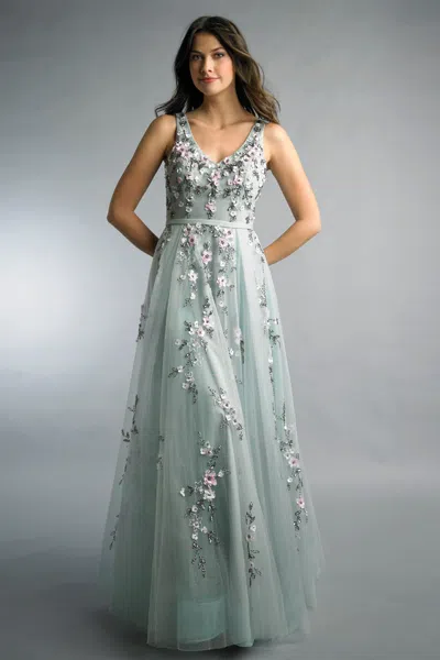 Basix Black Label Floral V Neck Evening Gown