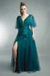 Basix Black Label Flutter Sleeve 3d Floral Tulle Gown In Green