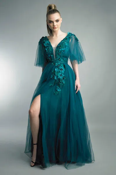 Basix Black Label Flutter Sleeve 3d Floral Tulle Gown In Green