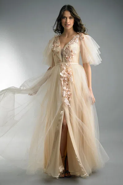 Basix Black Label Flutter Sleeve 3d Floral Tulle Gown In Neutral