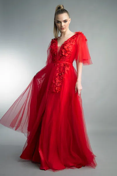 Basix Black Label Flutter Sleeve 3d Floral Tulle Gown In Red