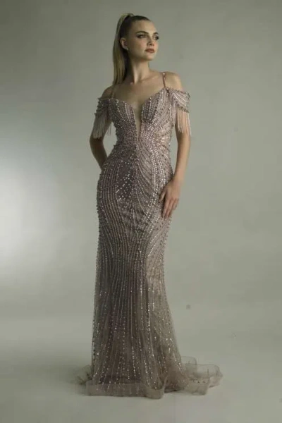 Basix Black Label Fringe Beaded Gown In Black