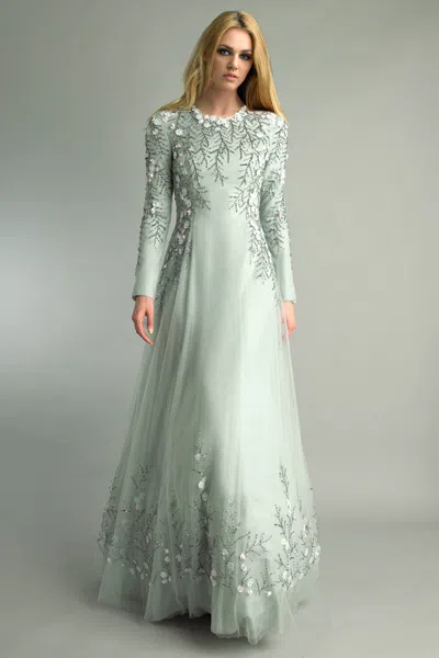 Basix Black Label Fully Covered Evening Gown In Green