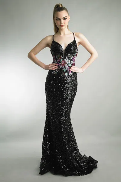 Basix Black Label Fully Embellished Sleeveless Gown With Train In Black