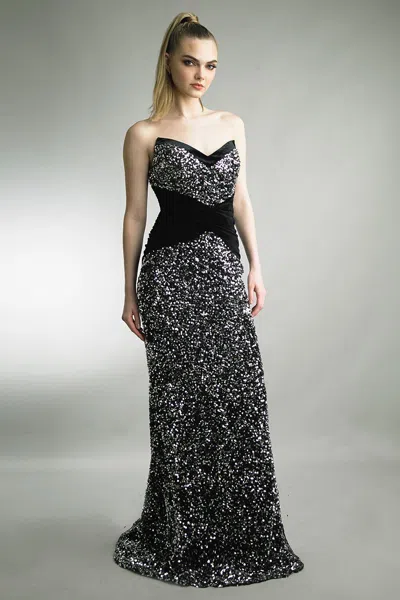 Basix Black Label Fully Embellished Strapless Gown With Train In Black