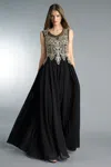 Basix Black Label Gold Applicque Ballgown In Multi