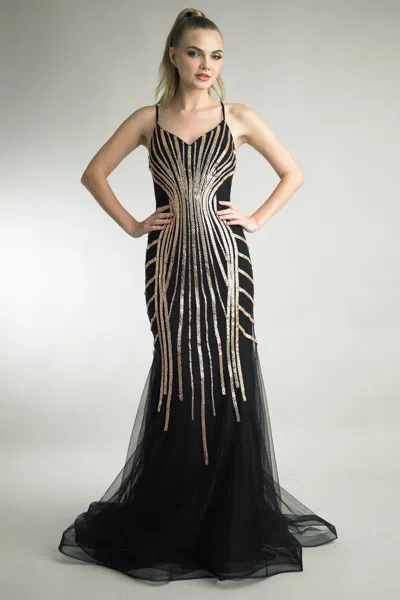 Basix Black Label Gold Beaded Mermaid Evening Gown In Black