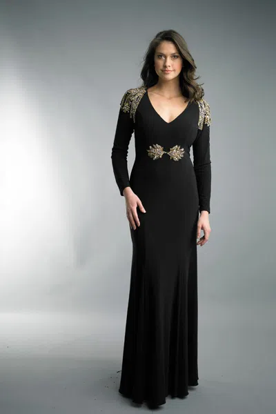 Basix Black Label Gold-beaded Epaulette Evening Gown In Black