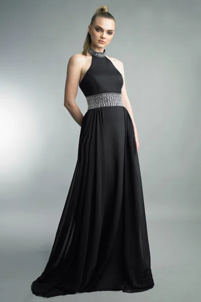 Basix Black Label Halter Embellished Chiffon Gown