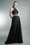 Basix Black Label Halter Embellished Chiffon Gown In Black