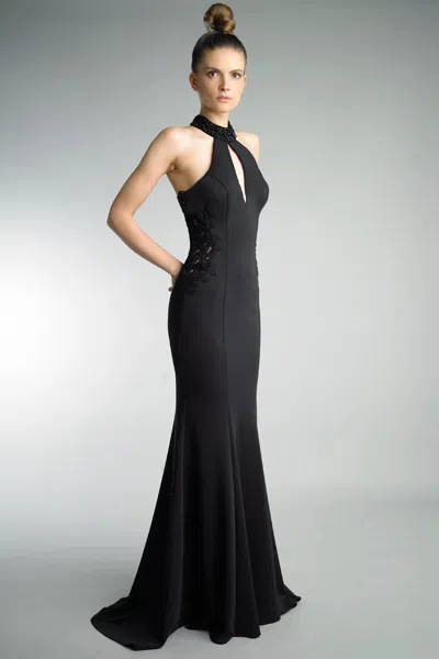 Basix Black Label Halter Evening Gown With Beaded Accents