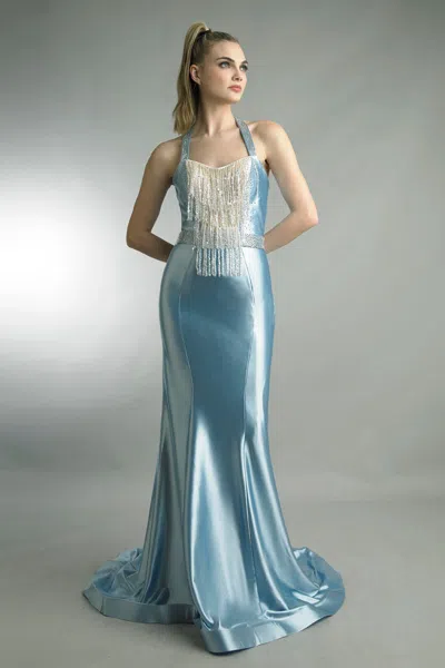 Basix Black Label Halter Fringed Gown In Blue