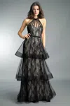 Basix Black Label Halter Gown With Multi Tiers In Black