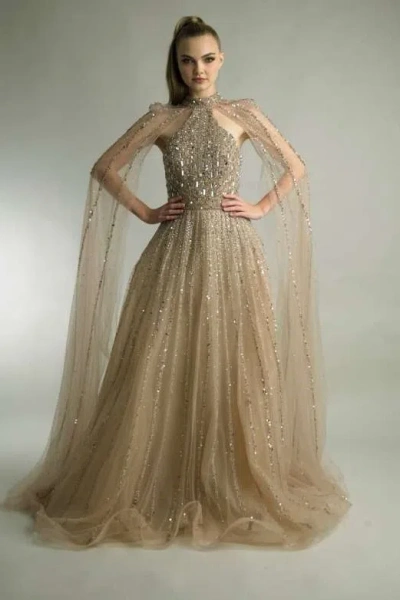 Basix Black Label Halter Long Capelet Sleeve Beaded Gown In Black