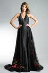 Basix Black Label Halter Top Evening Gown With Floral Skirt Accents