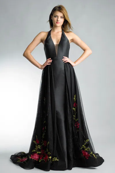 Basix Black Label Halter Top Evening Gown With Floral Skirt Accents