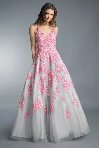 Basix Black Label Hand Painted Floral Ballgown In Silver