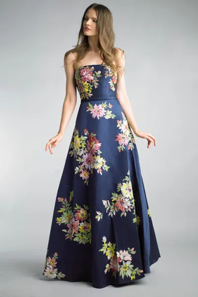Basix Black Label Hand Painted Strapless Evening Gown By Basix In Blue