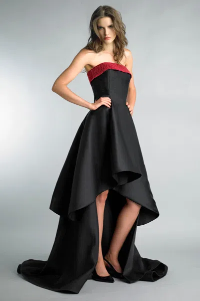 Basix Black Label Hi Low Strapless Gown With Pearl Trim In Black
