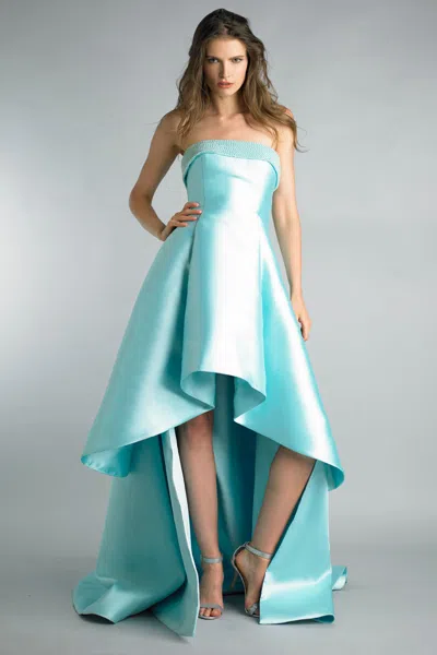 Basix Black Label Hi Low Strapless Gown With Pearl Trim In Blue