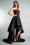 Basix Black Label Hi Low Strapless Gown With Pearl Trim In Red