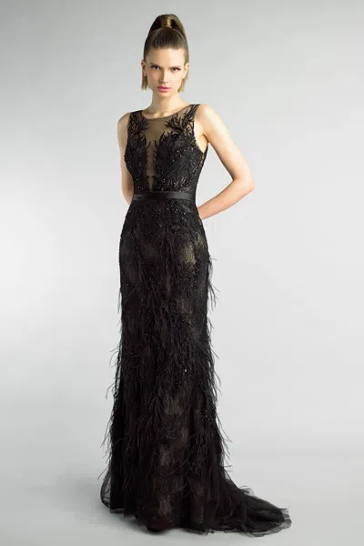 Basix Black Label Illusion Burnout Feathered Sleeveless Gown